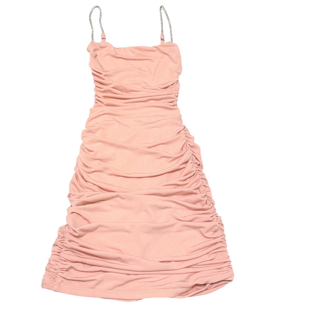 Lucy in the Sky Pink Ruched Rhinestone Strap Mesh Bodycon Mini Dress XXS